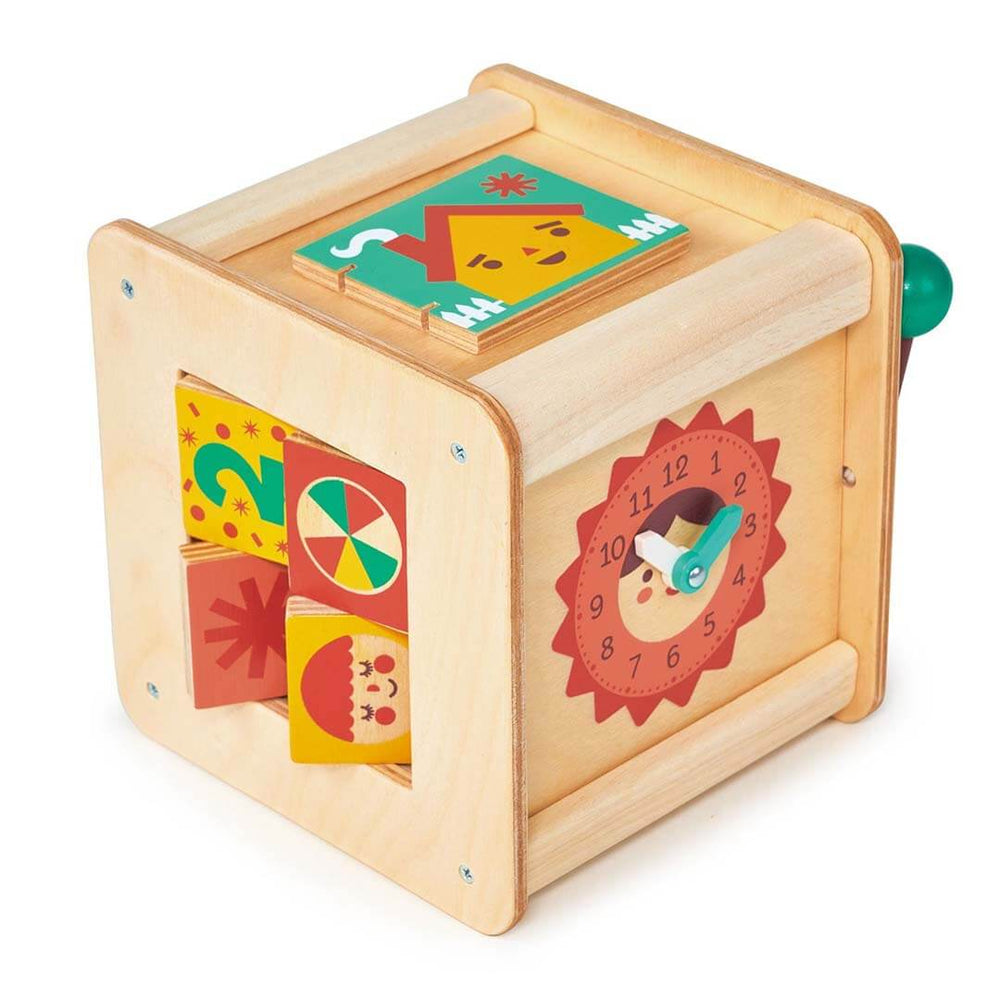 Wooden educational toy with colorful compartments on a white background
