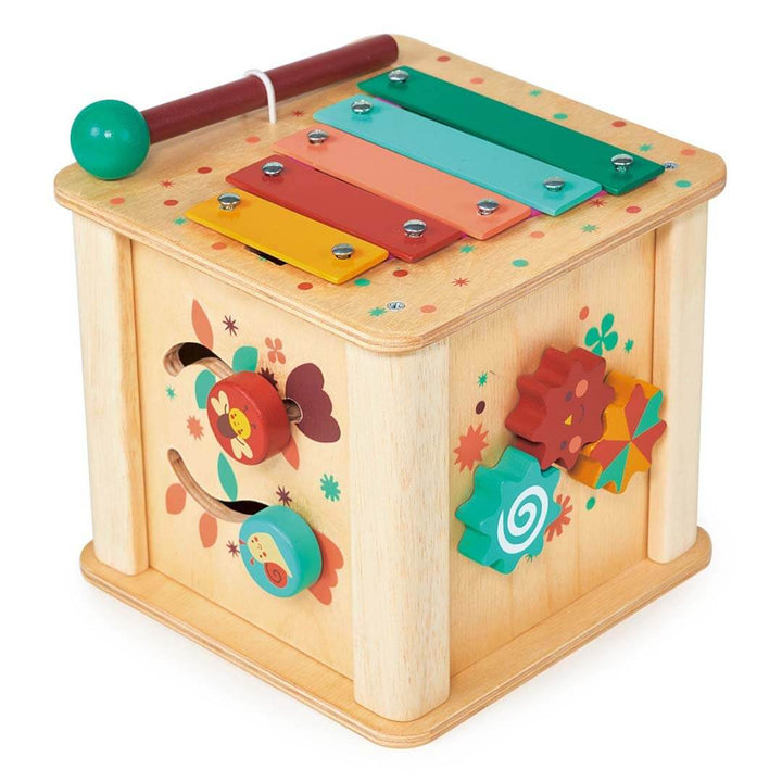 Colorful wooden toy with various interactive elements on a white background