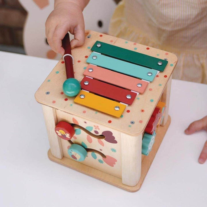 Colorful wooden toy with various interactive elements on a white surface.