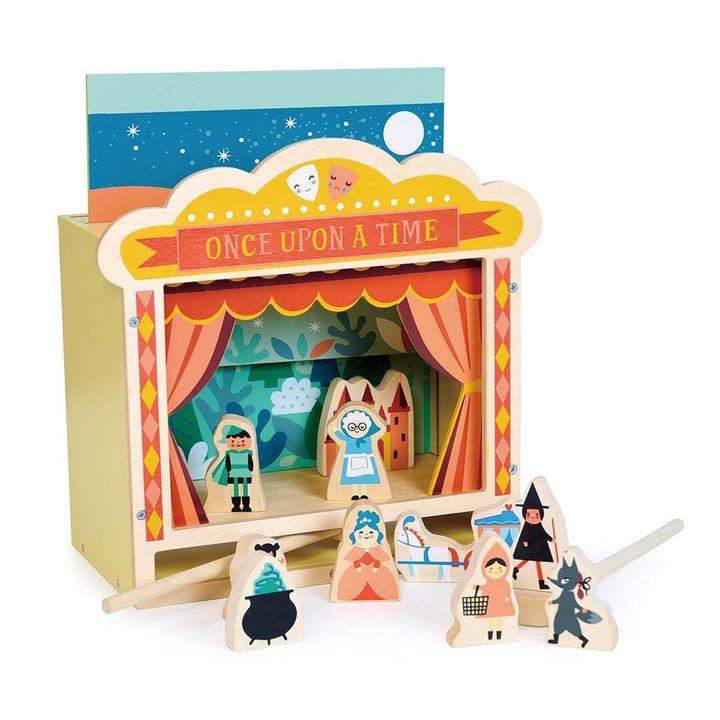 Wooden puppet theater set with puppets and 'Once Upon a Time' sign on a white background.