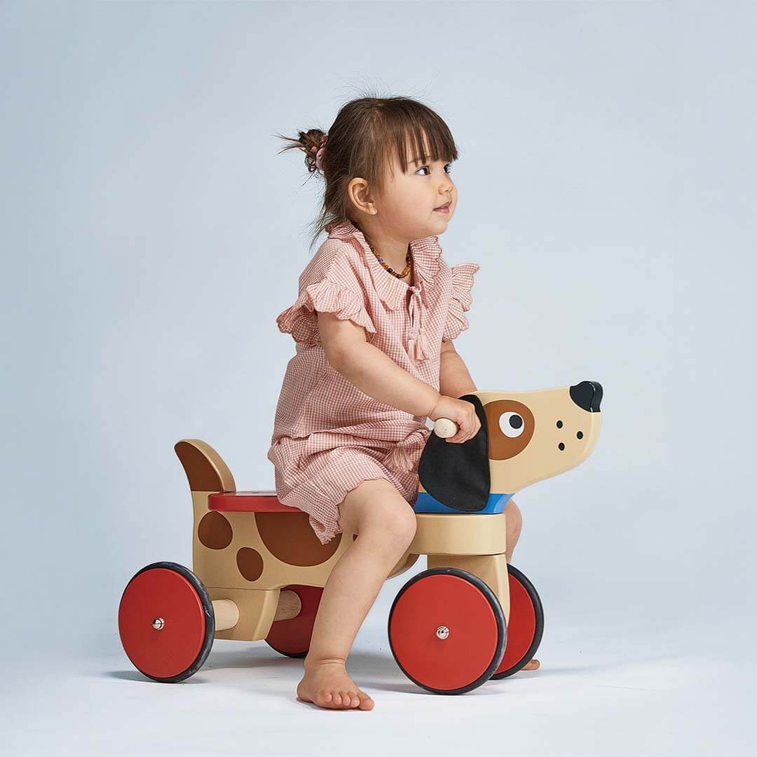 Child in a pink dress riding a wooden toy dog on a light blue background