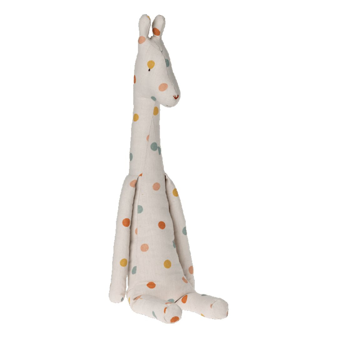 Maileg big white giraffe stuffed toy with colorful polkadots