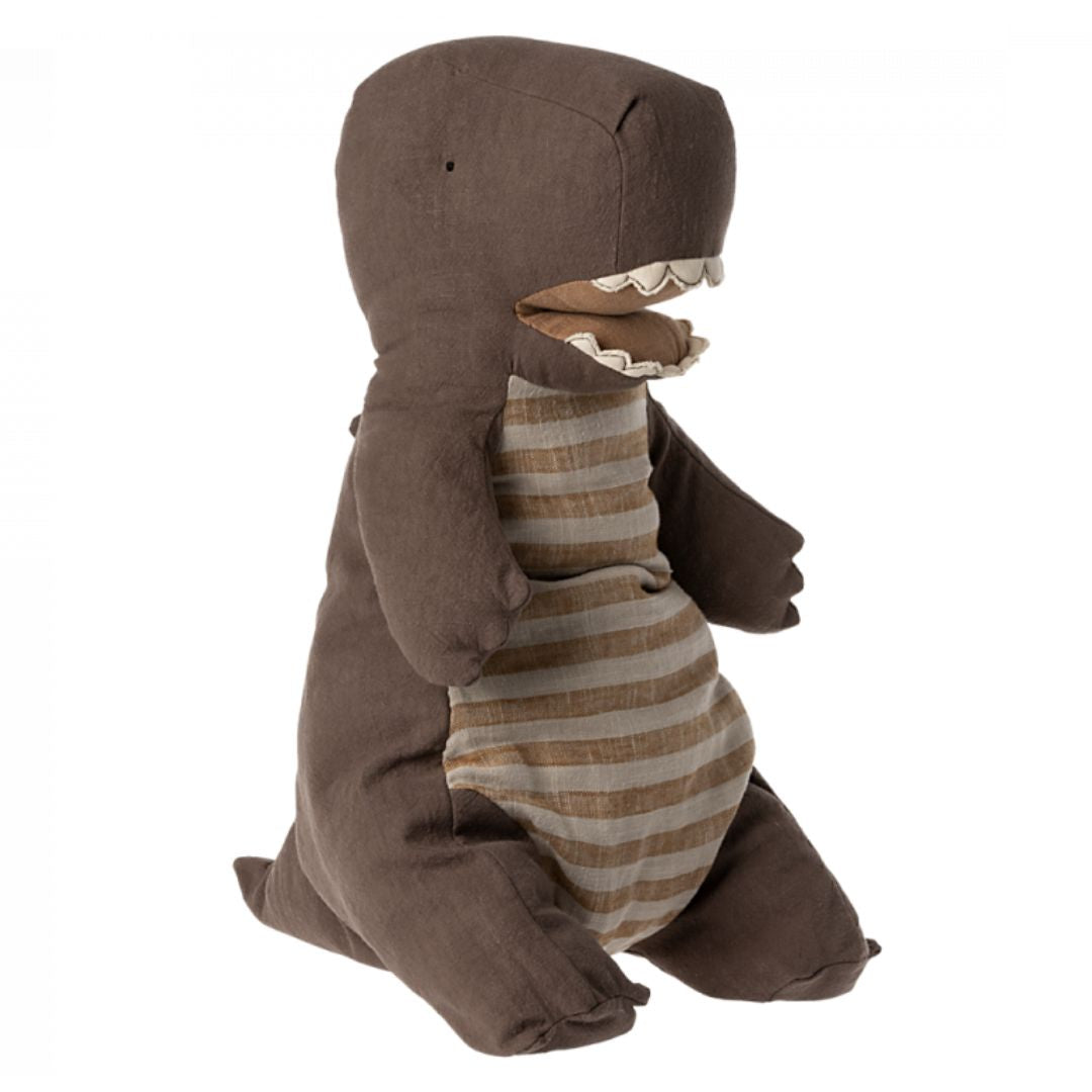 A Maileg large dark brown dinnosaur stuffed toy with an open mouth and striped belly.