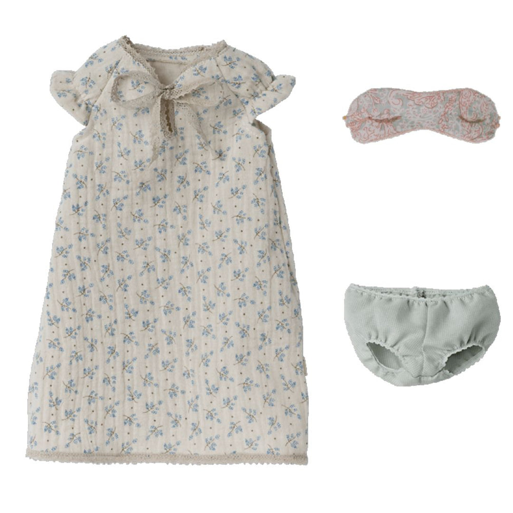 White nightgown with blue flowers, eye mask and bloomers for the Maileg maxi mouse.
