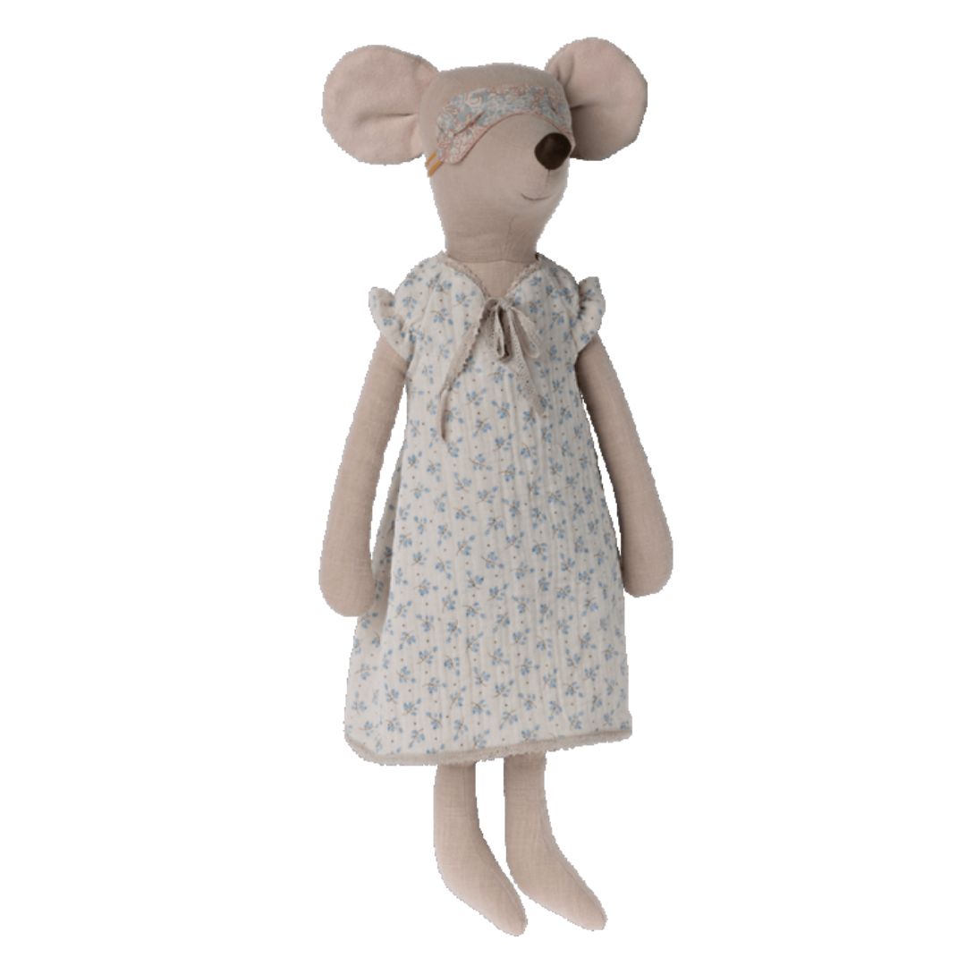 Maileg maxi mouse in a white nightgown with blue flowers and an eye mask.