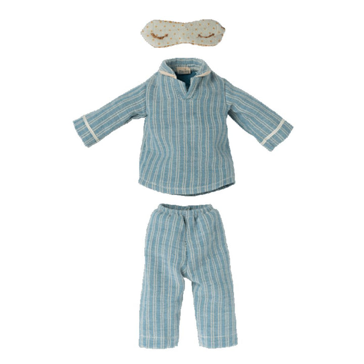 A pair of blue striped pajamas and a polkadot eyemask for a medium Maileg mouse stuffed animal.