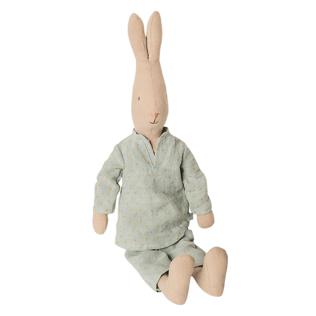 A white size 3 Maileg rabbit wearing light blue pajamas with daisies on the top.