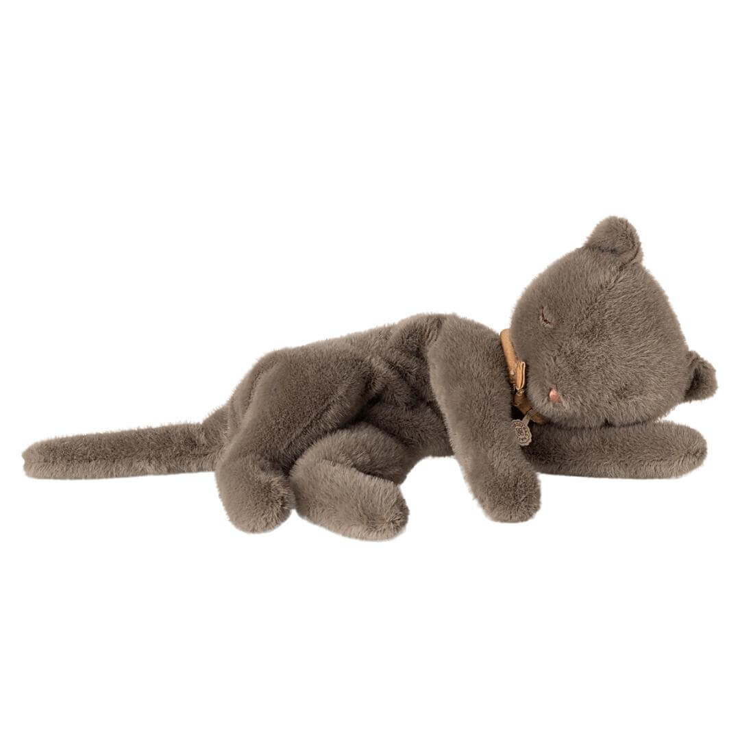 Maileg Sleeping Kitten in grey plush, shown curled up with embroidered sleepy eyes and a soft fabric collar. Bella Luna Toys
