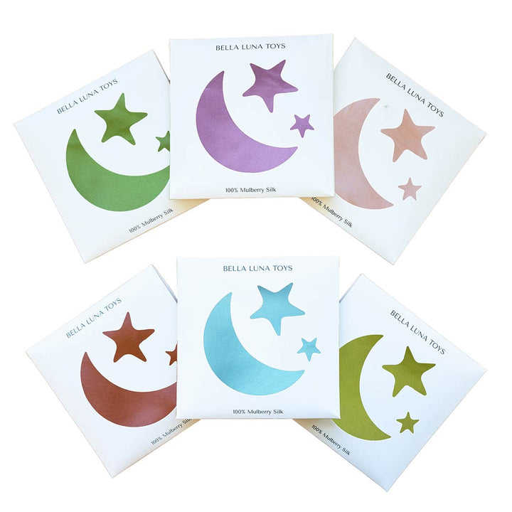 Earth Mother Silks full collection with star and moon packaging on a white background.