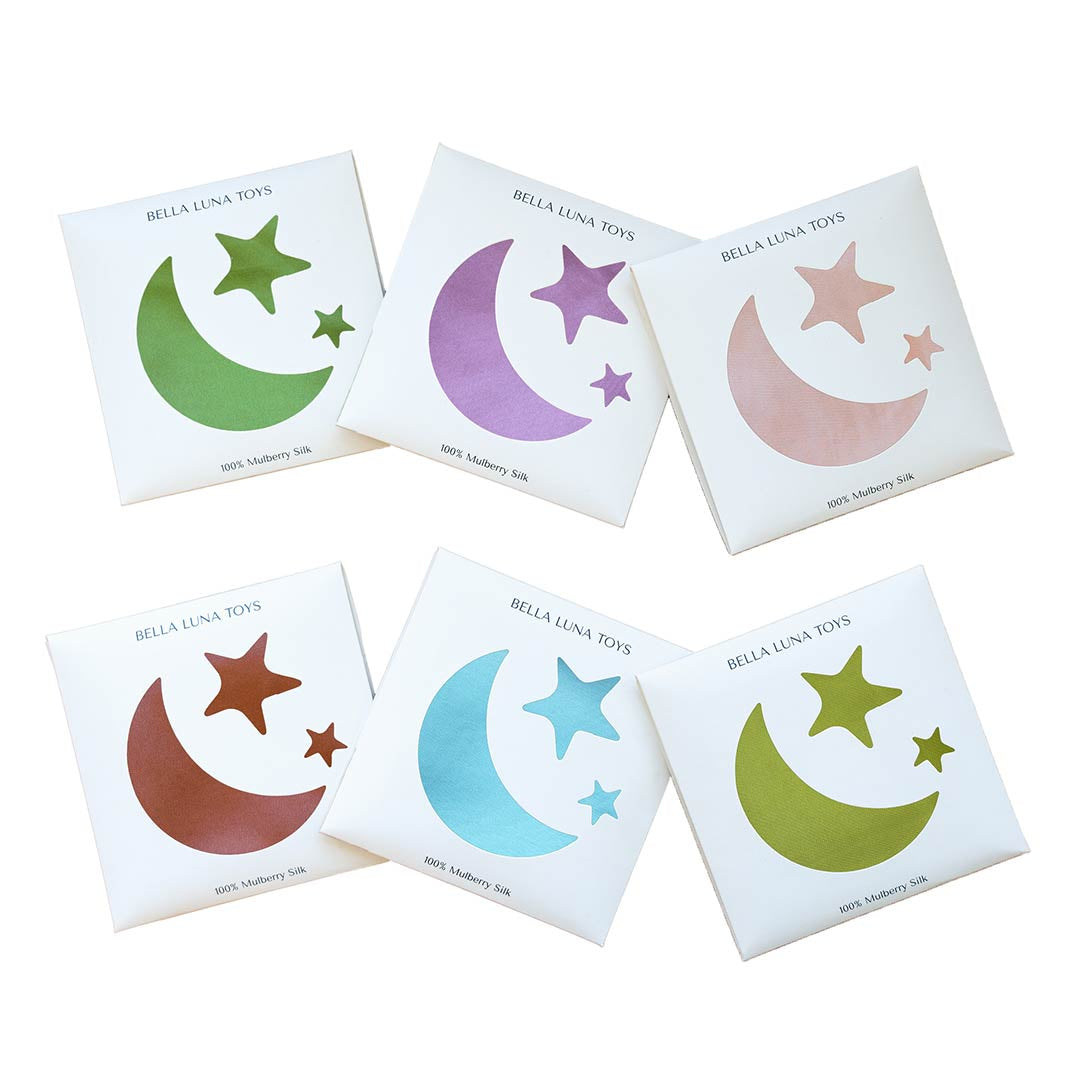 Earth Mother Silks full collection with star and moon packaging on a white background.