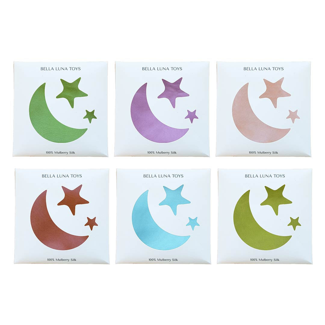 Earth Mother Silks full collection with star and moon packaging on a white background.