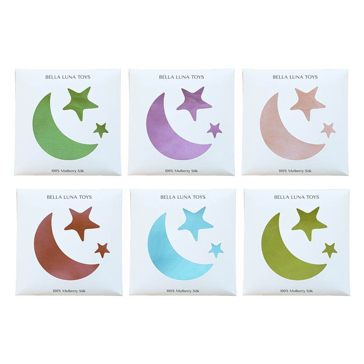 Earth Mother Silks full collection with star and moon packaging on a white background.