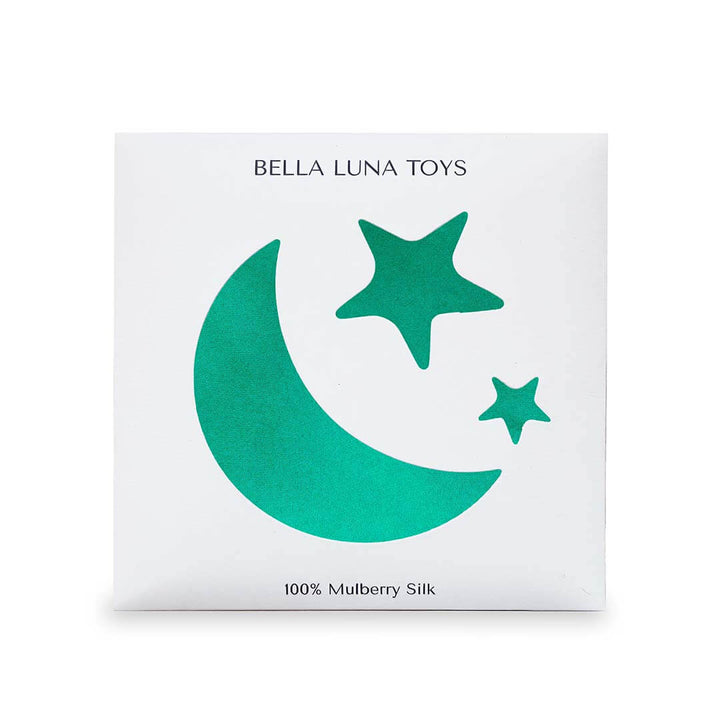 Classic Rainbow Play Silks package with a star and moon shape in the color green.
