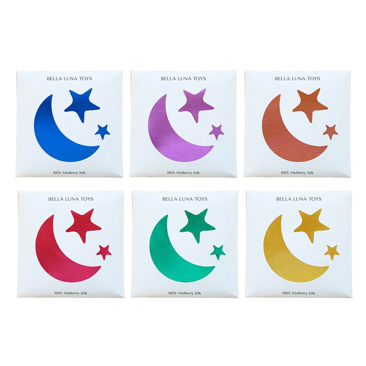 Classic Rainbow Play Silks full collection with star and moon packaging on a white background.
