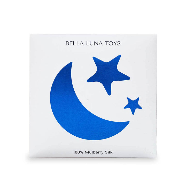 Classic Rainbow Play Silks package with a star and moon shape in the color blue.