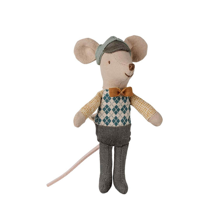 A plush mouse doll dressed in vintage clothing, featuring a beige body, gray trousers, a blue and white argyle vest, a yellow check shirt, and a brown bow tie, set against a plain white background.