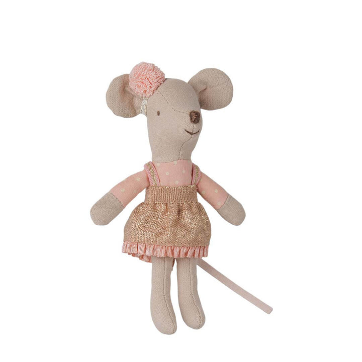 A plush toy mouse doll with a beige body, pink polka-dot shirt, glittery gold dress, and a pink pom-pom hair accessory, shown on a plain white background.