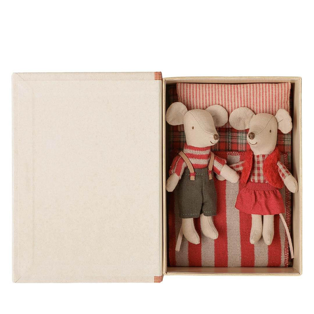 A boxed set of two plush mouse toys inside an open cream-colored gift box. The male mouse wears a red-and-white striped shirt and dark gray overalls, while the female mouse wears a red vest over a red-and-white striped top.