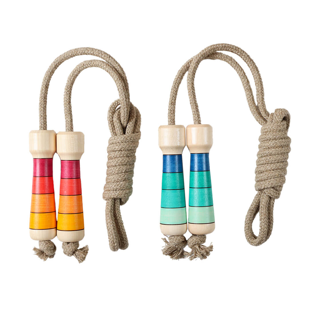 Checkerboard Rope Skipping Rope - Red and Blue Wooden Handle on a white background.