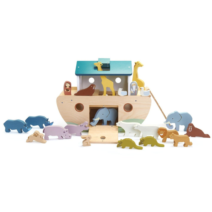 Tender Leaf Toys Wooden Noahs Ark with an assortment of wooden animal figures.