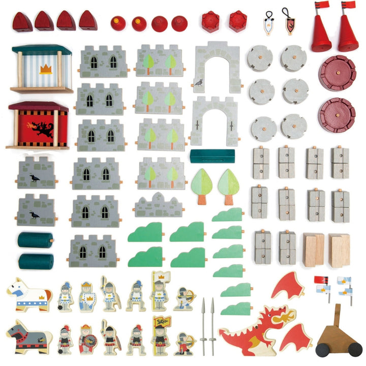 Pieces of the Tender Leaf Toys Wooden Royal Castle Play Set.