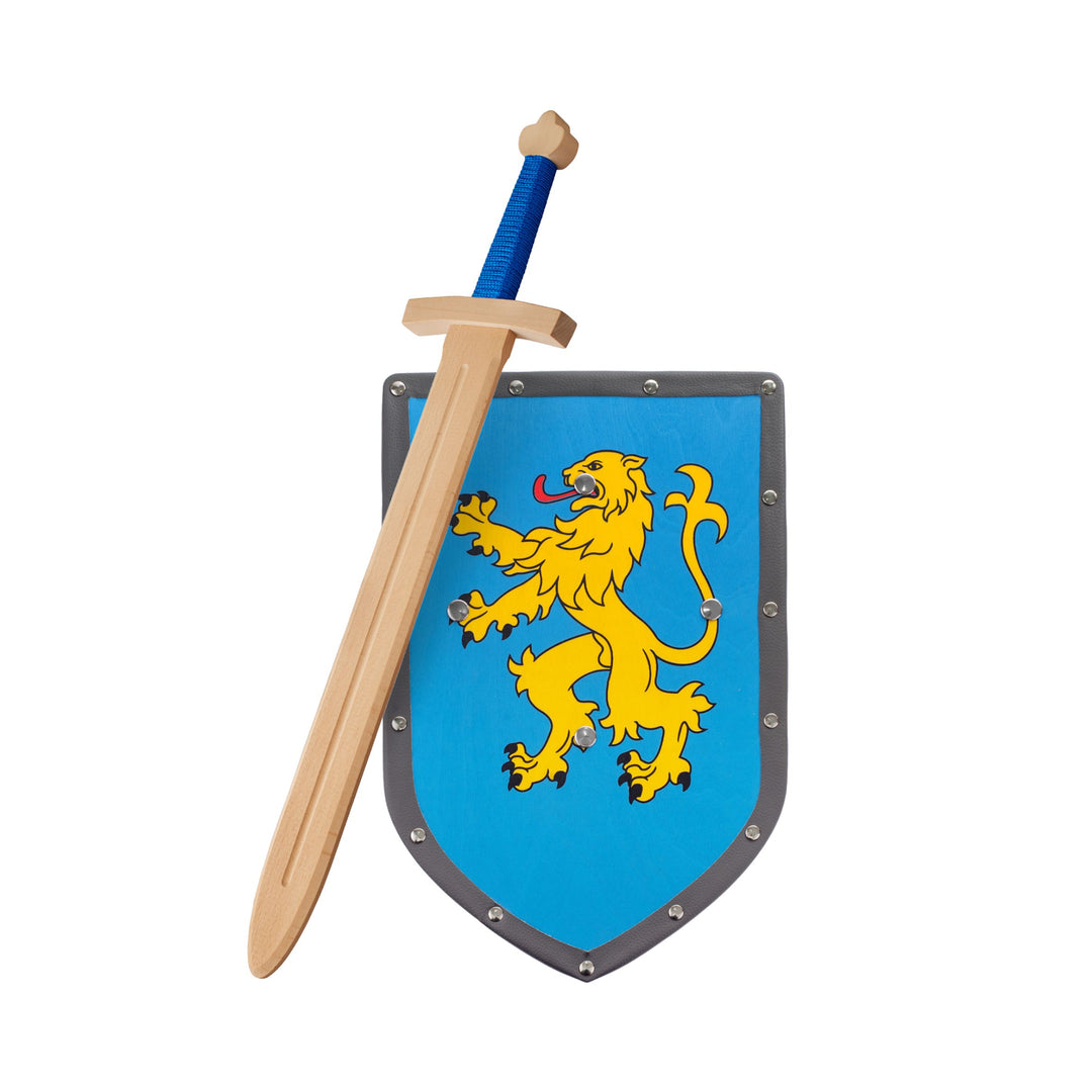 
Woodsy Wooden lion sword and shield set for kids featuring a natural wood sword with a blue rope-wrapped handle and a bright blue medieval shield decorated with a golden lion emblem - Bella Luna Toys