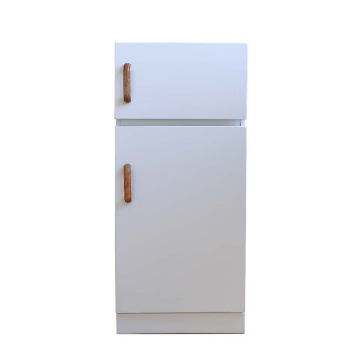 Small white refrigerator with wooden handles on a white background