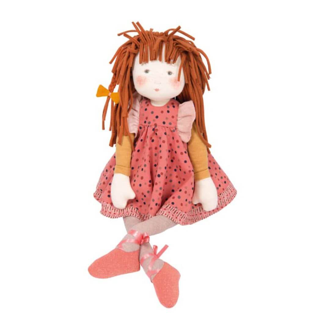 Moulin Roty - Anemone, a red headed soft doll in a pink polkadot dress.