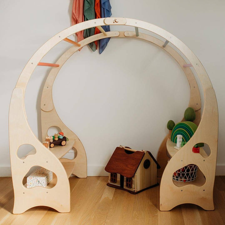 Bella Luna Wooden Waldorf Playstand in rainbow with toys