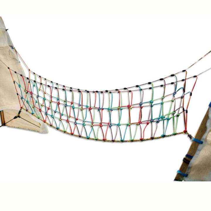 Bijou Rambler Rope Bridge with colorful climbing ropes and netted sides, shown suspended between two anchor points - Bella Luna Toys