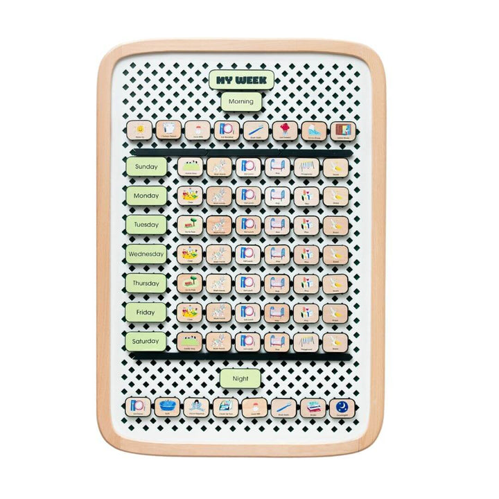 Large Charmspring wooden visual family routine board for school age children with picture tiles arranged by days of the week, shown on a white background. Bella Luna Toys