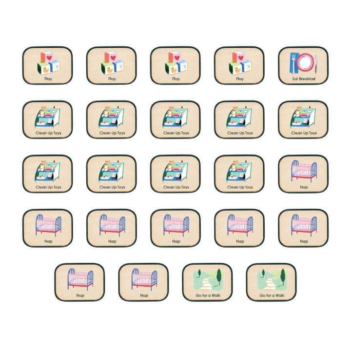 Set of Charmspring baby routine picture tiles including icons for playtime, clean up, nap time and going for a walk. Bella Luna Toys