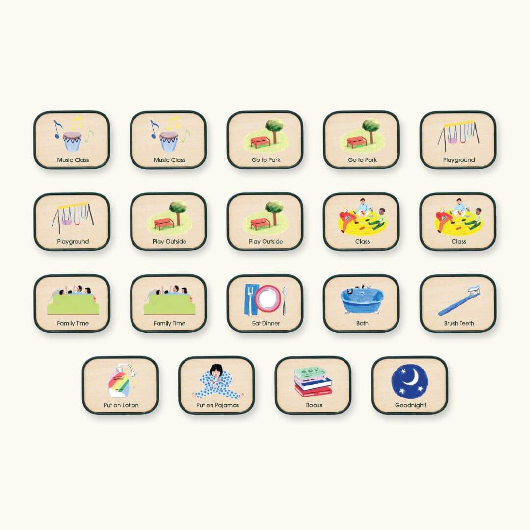 Set of Charmspring baby routine picture tiles including icons for diffent daily activities for a baby and toddler. Bella Luna Toys