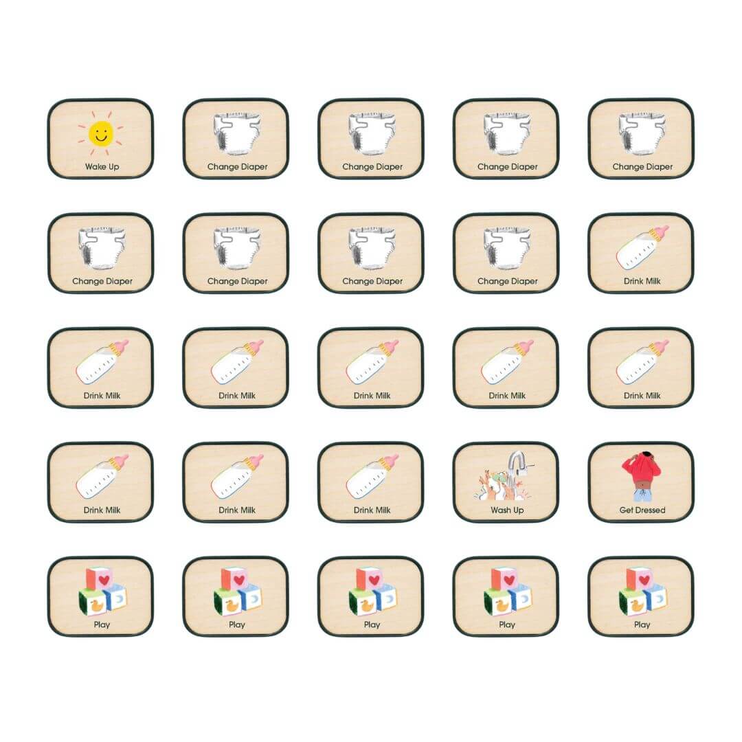 Set of Charmspring baby routine picture tiles including icons for diaper changes, feeding, washing up, getting dressed, and playtime. Bella Lna Toys