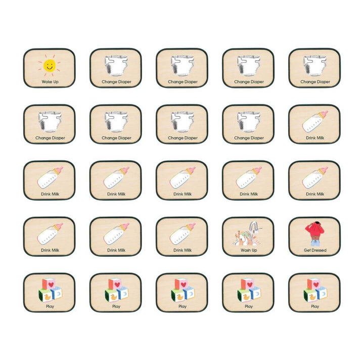 Set of Charmspring baby routine picture tiles including icons for diaper changes, feeding, washing up, getting dressed, and playtime. Bella Lna Toys
