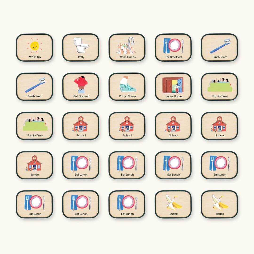 Set of Charmspring routine picture tiles including icons for school, meals and more. Bella Luna Toys