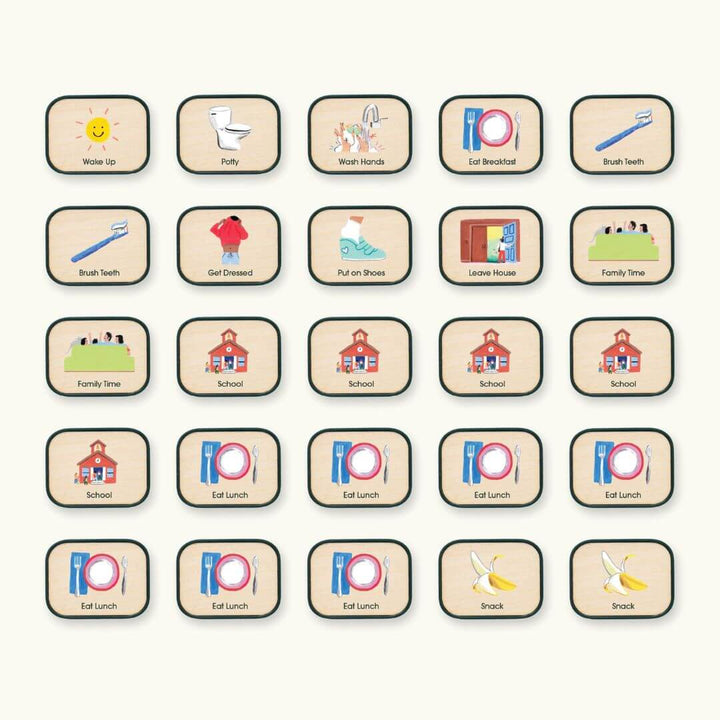 Set of Charmspring routine picture tiles including icons for school, meals and more. Bella Luna Toys