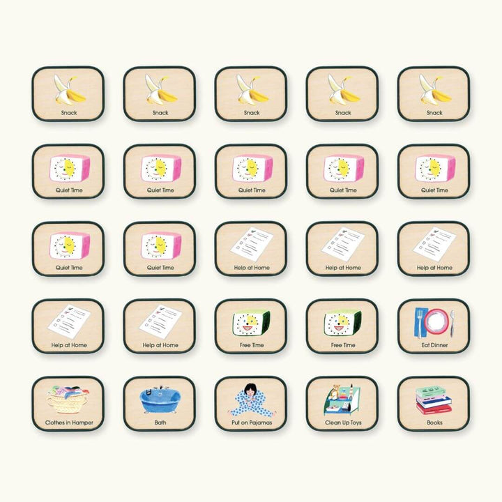 Set of Charmspring routine picture tiles including icons for snacks, homework and more. Bella Luna Toys