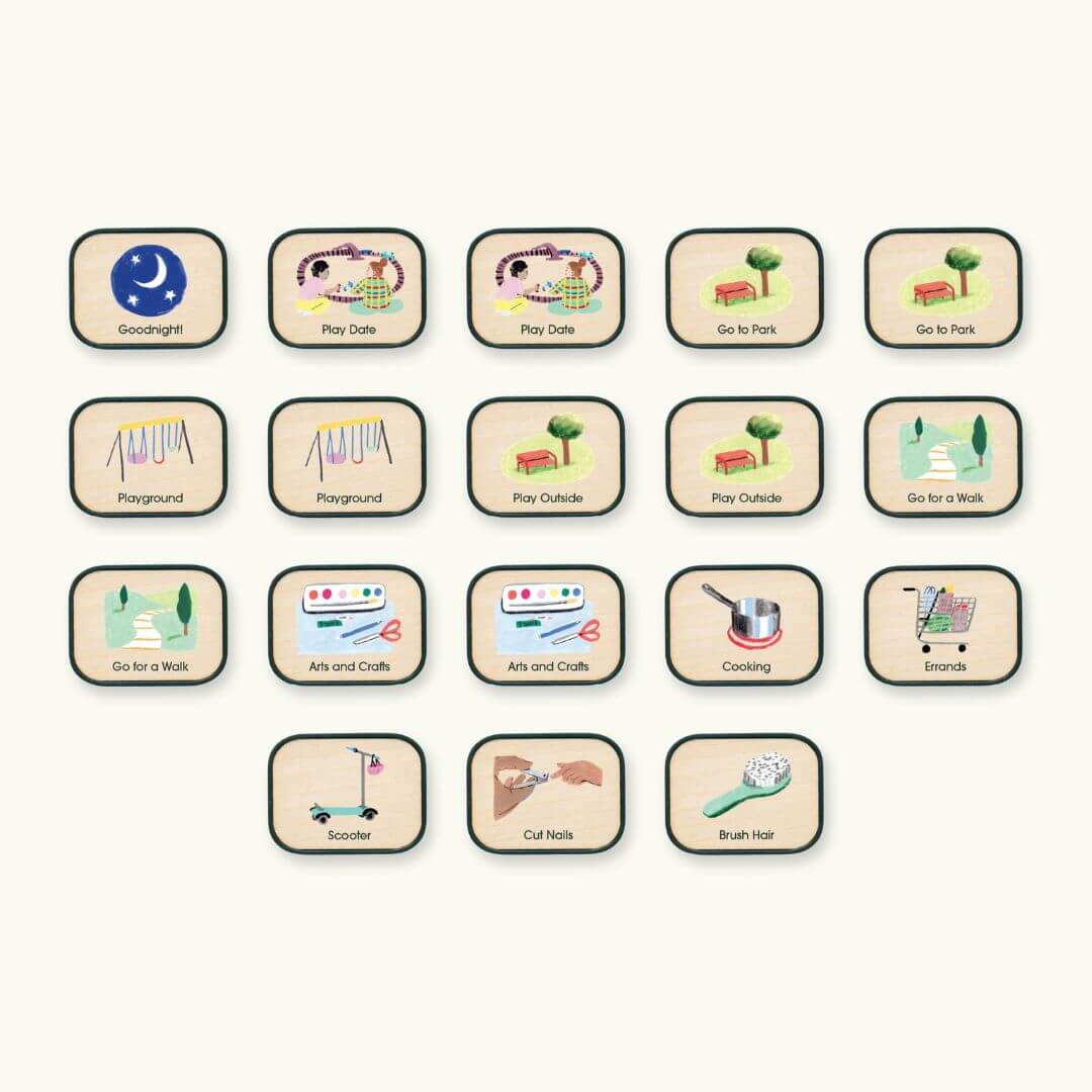 Set of Charmspring routine picture tiles showing lots of daly activities. Bella Luna Toys