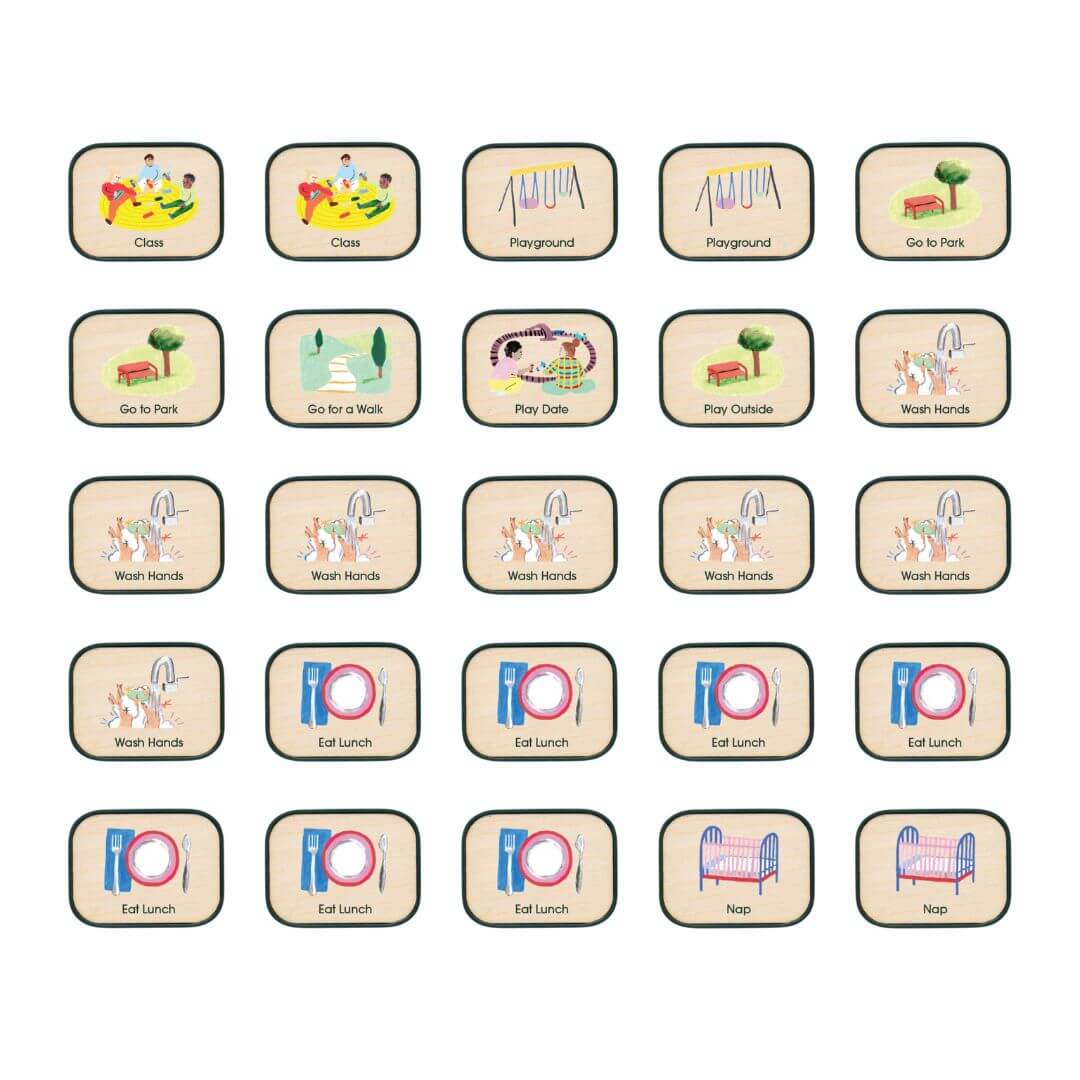 Set of Charmspring toddler routine picture tiles including icons fordifferent toddler activities. Bella Luna Toys