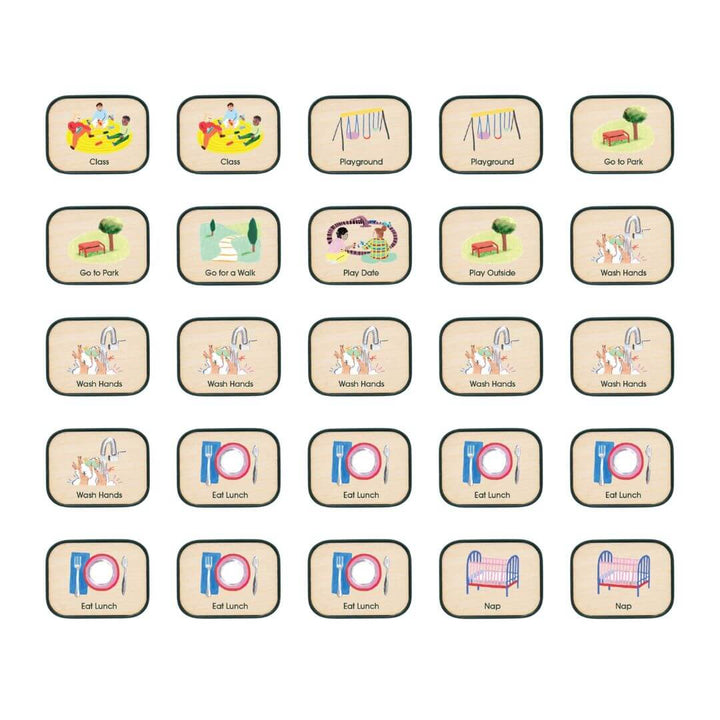 Set of Charmspring toddler routine picture tiles including icons fordifferent toddler activities. Bella Luna Toys