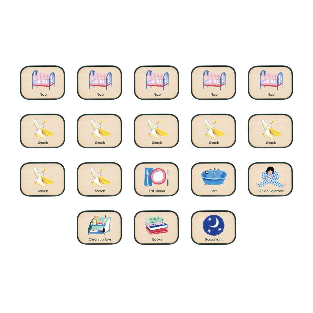 Set of Charmspring toddler routine picture tiles including icons for toddler daily routines. Bella Luna Toys