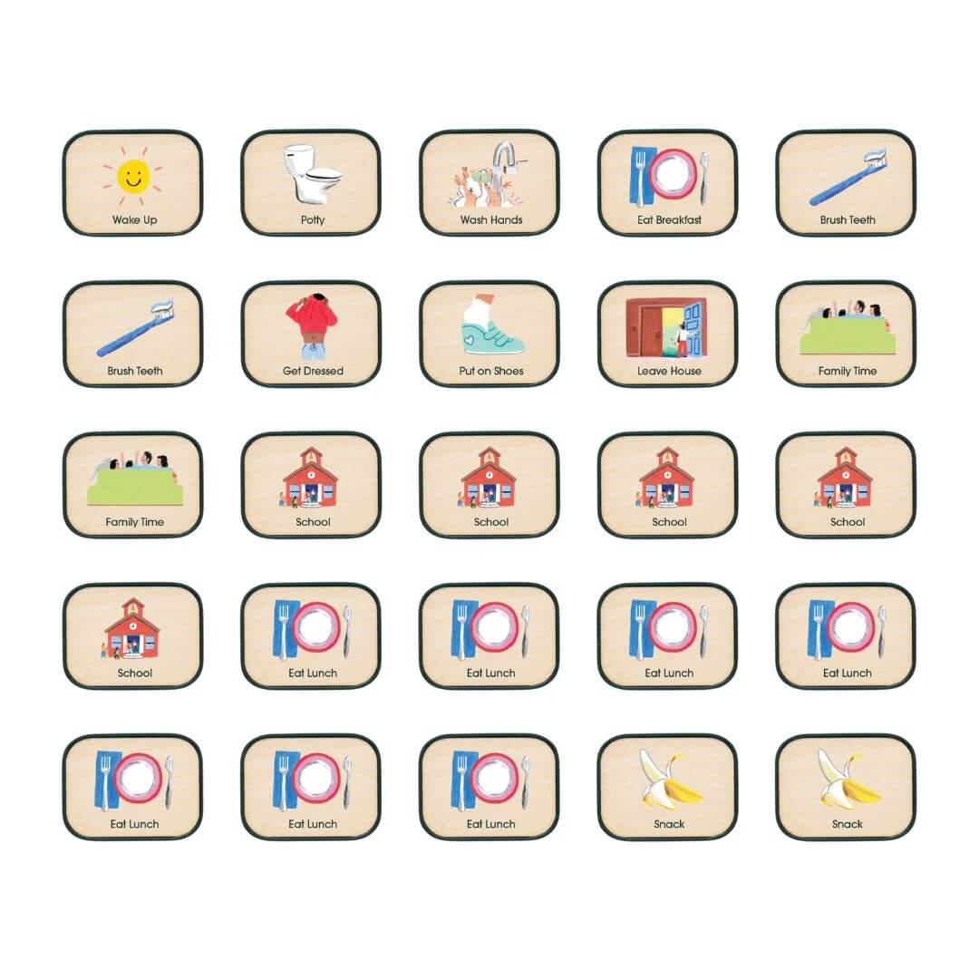 Set of Charmspring toddler routine picture tiles including icons for going to school, eating, washing up, getting dressed, and playtime. Bella Luna Toys