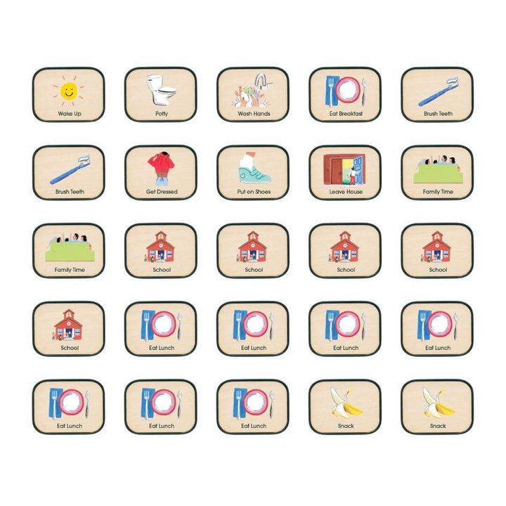Set of Charmspring toddler routine picture tiles including icons for going to school, eating, washing up, getting dressed, and playtime. Bella Luna Toys