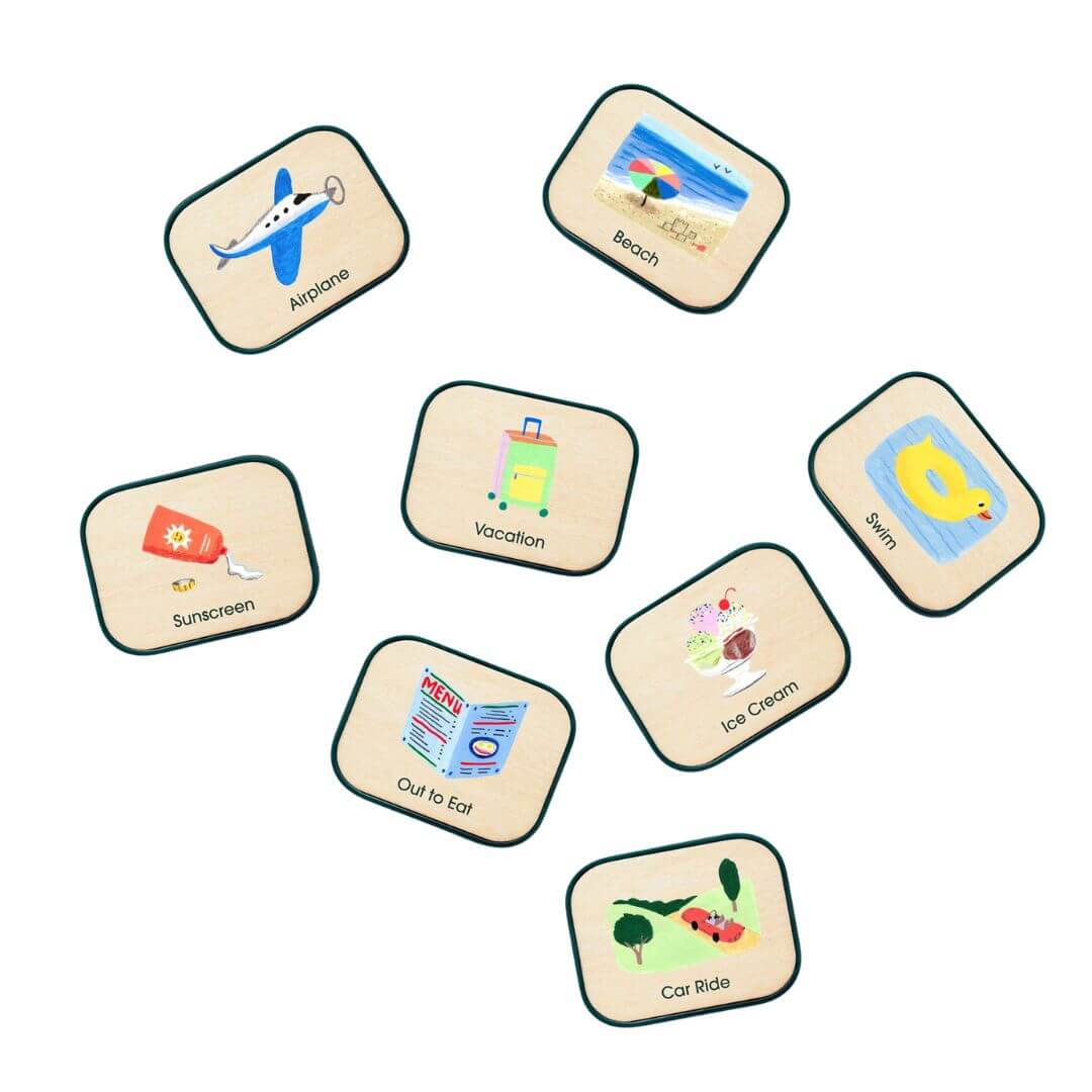 Set of eight routine picture tiles for children for Charmspring Springboards. Bella Luna Toys 