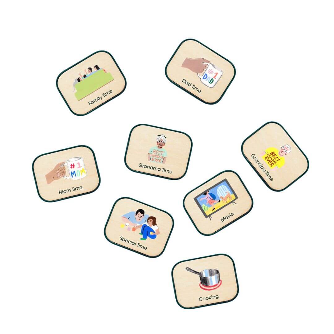 Set of eight routine picture tiles for children for Charmspring Springboards. Bella Luna Toys 