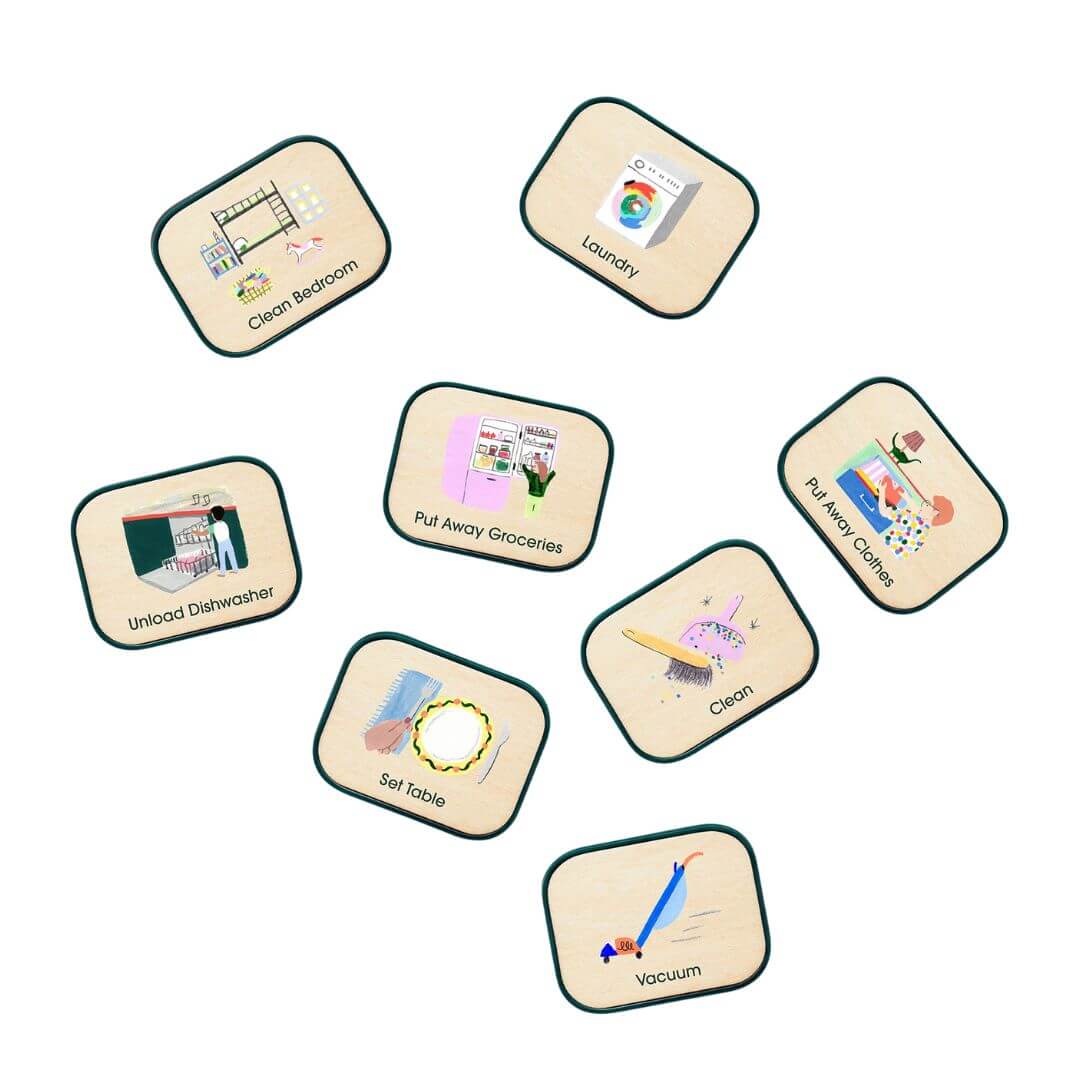 Set of eight routine picture tiles for children for Charmspring Springboards. Bella Luna Toys 