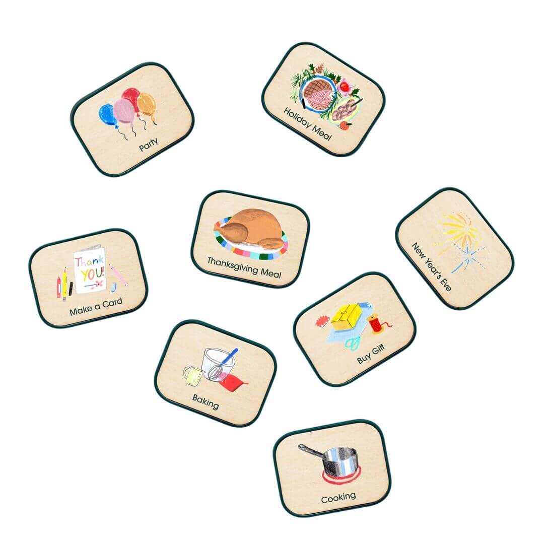 Set of eight routine picture tiles for children for Charmspring Springboards. Bella Luna Toys 