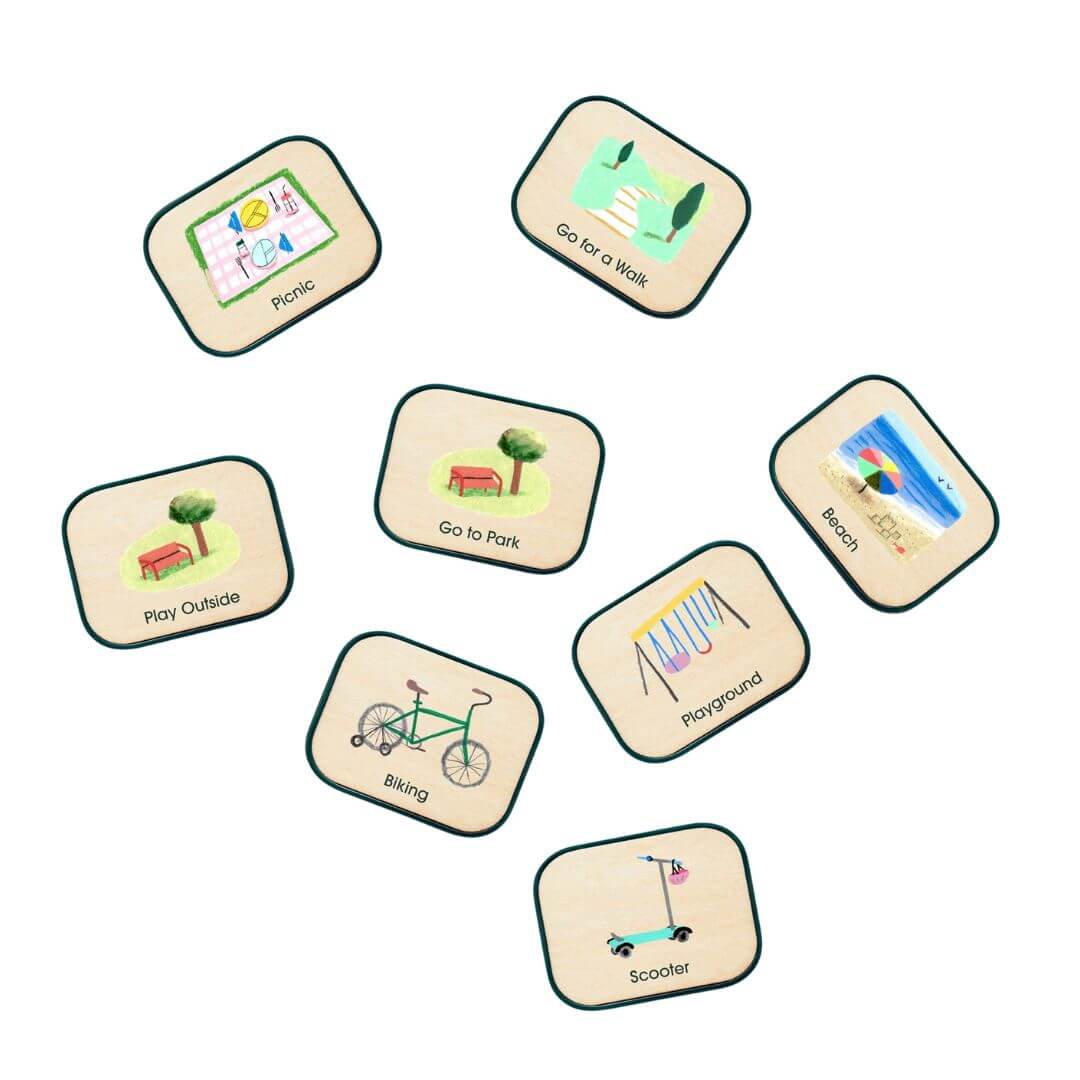 Set of eight routine picture tiles for children for Charmspring Springboards. Bella Luna Toys 