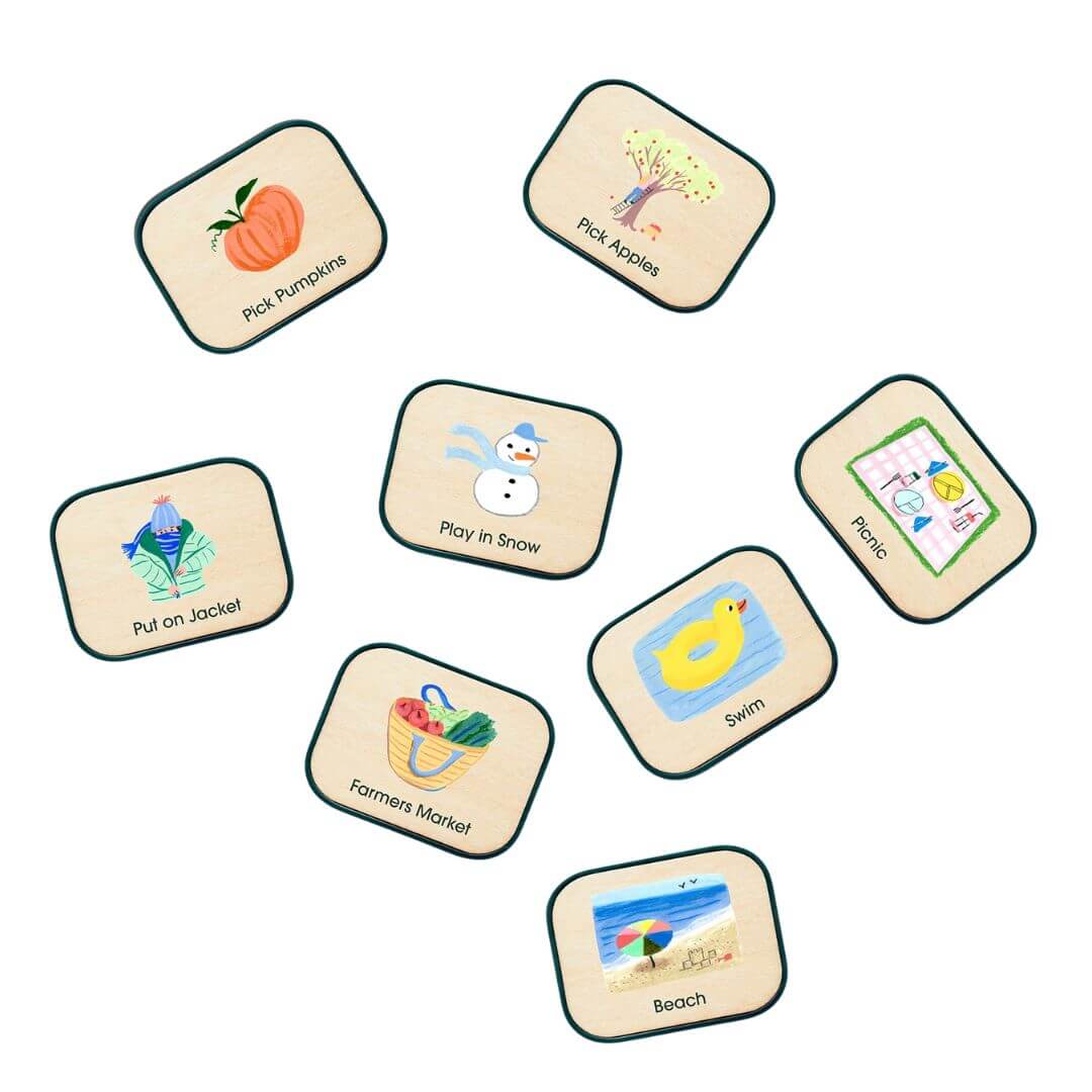 Set of eight routine picture tiles for children for Charmspring Springboards. Bella Luna Toys 